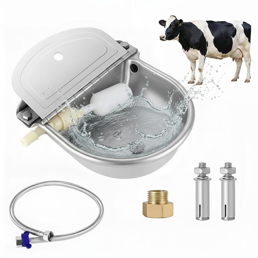 Automatic Livestock Water Bowl, Stainless Steel Float Valve Waterer with Drain, 2.5L Auto Refill Bowl for Horses, Goats, Dogs