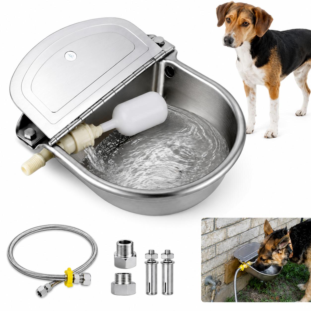 Automatic Livestock Water Bowl, Stainless Steel Float Valve Waterer with Drain, 2.5L Auto Refill Bowl for Horses, Goats, Dogs