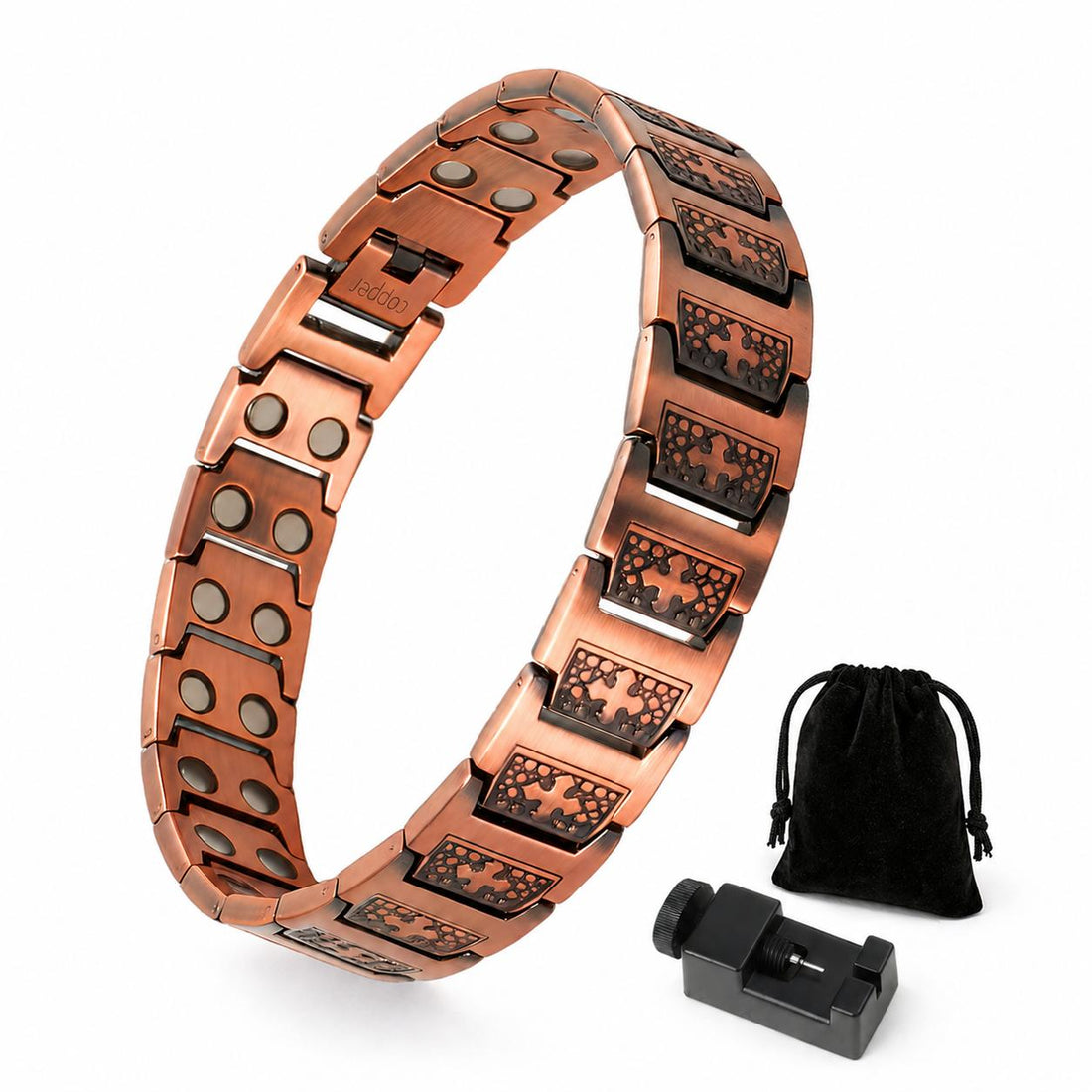 Pure Copper Magnetic Cross Bracelet for Men, Adjustable Link Bangle with 48 Neodymium Magnets, Sizing Tool & Gift Box