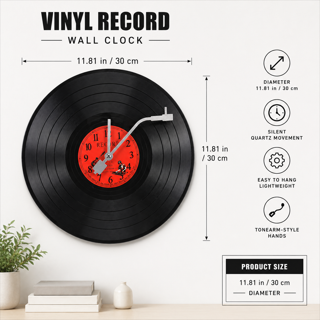 Retro Vinyl Record Wall Clock – 11.8 in